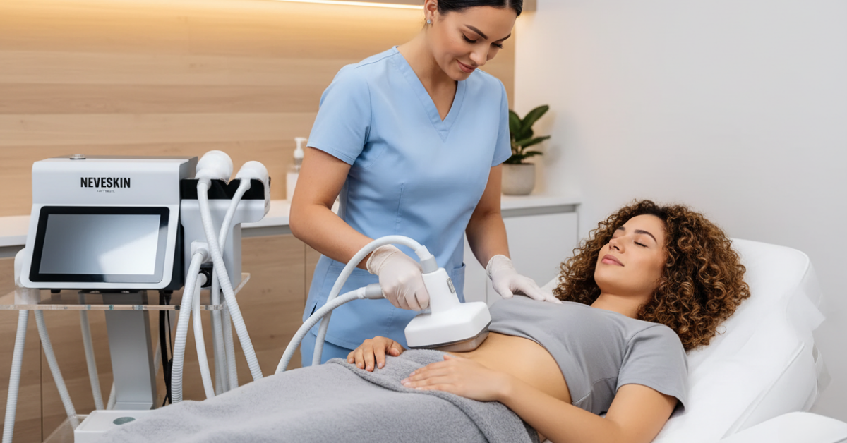 Neveskin body contouring treatment applied to target areas for slimming and toning