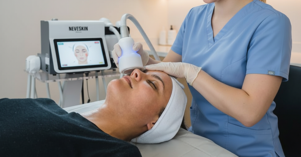 Neveskin face and neck rejuvenation treatment in a clinical spa setting