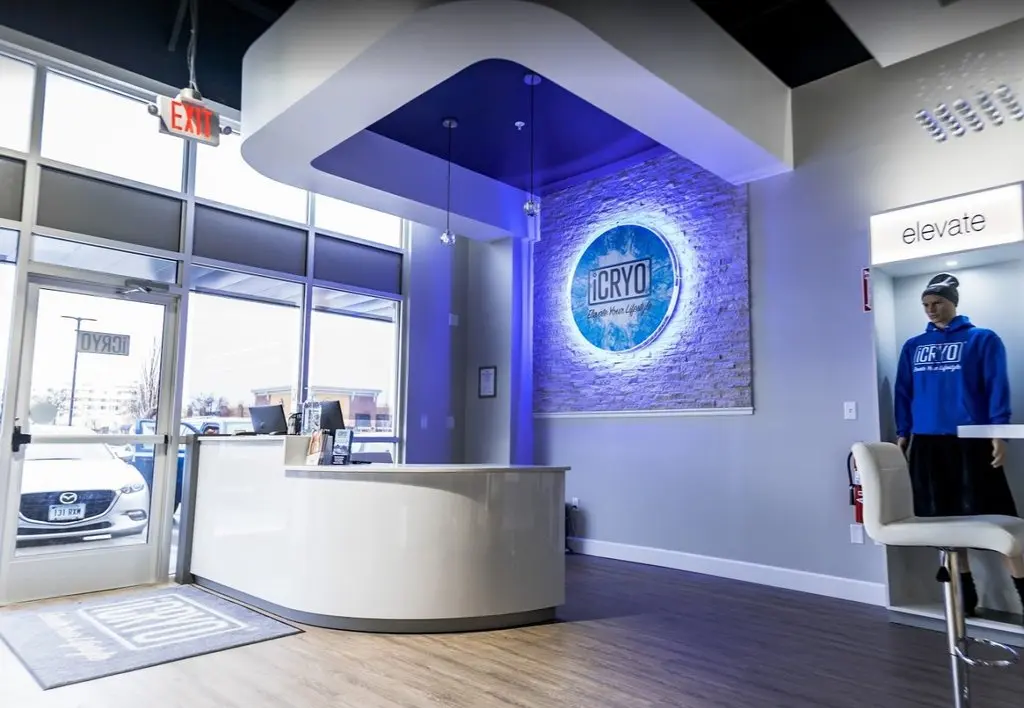 iCRYO One Loudoun interior showing modern reception area with illuminated logo